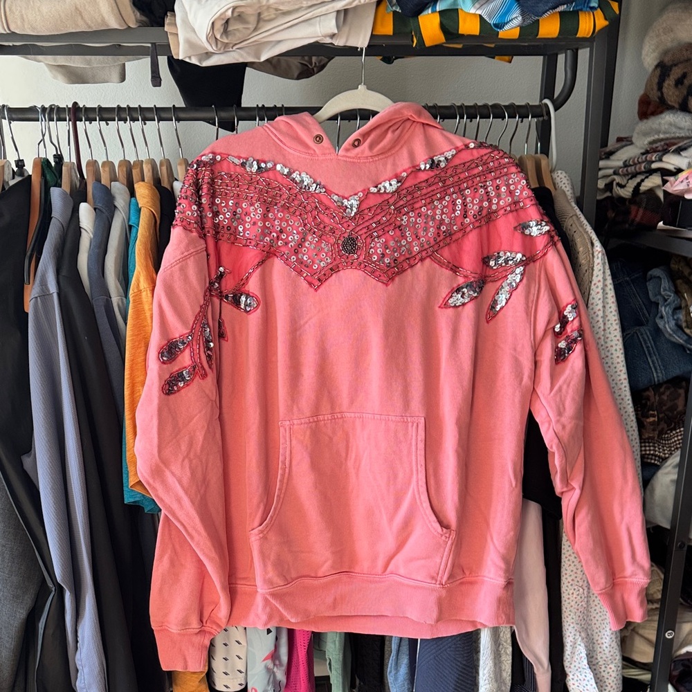 Free People Pink Embellished Hoodie Sweater